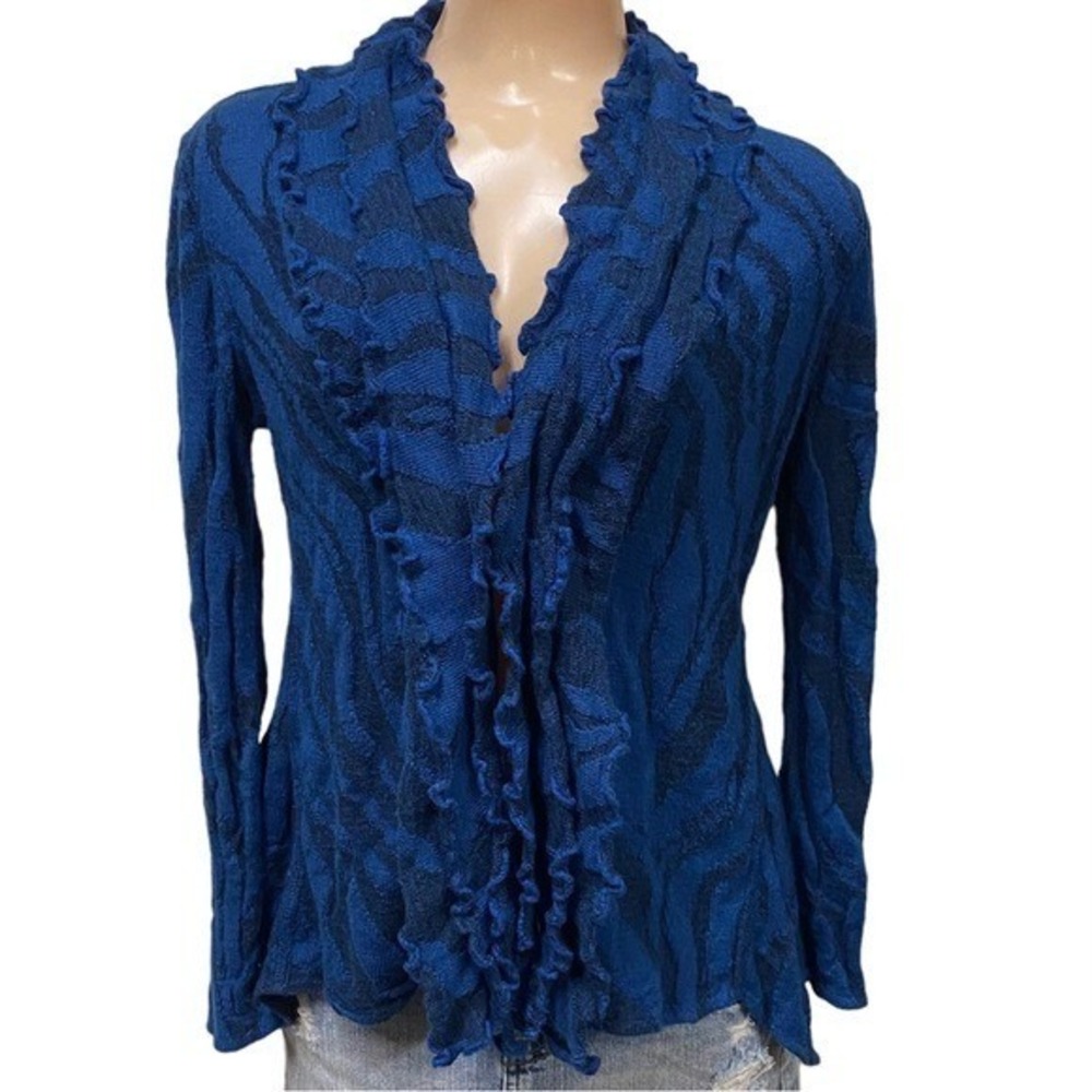 Peruvian Link Alpaca Cardigan Blue Black Ruffle  Grandma Lagenlook Medium